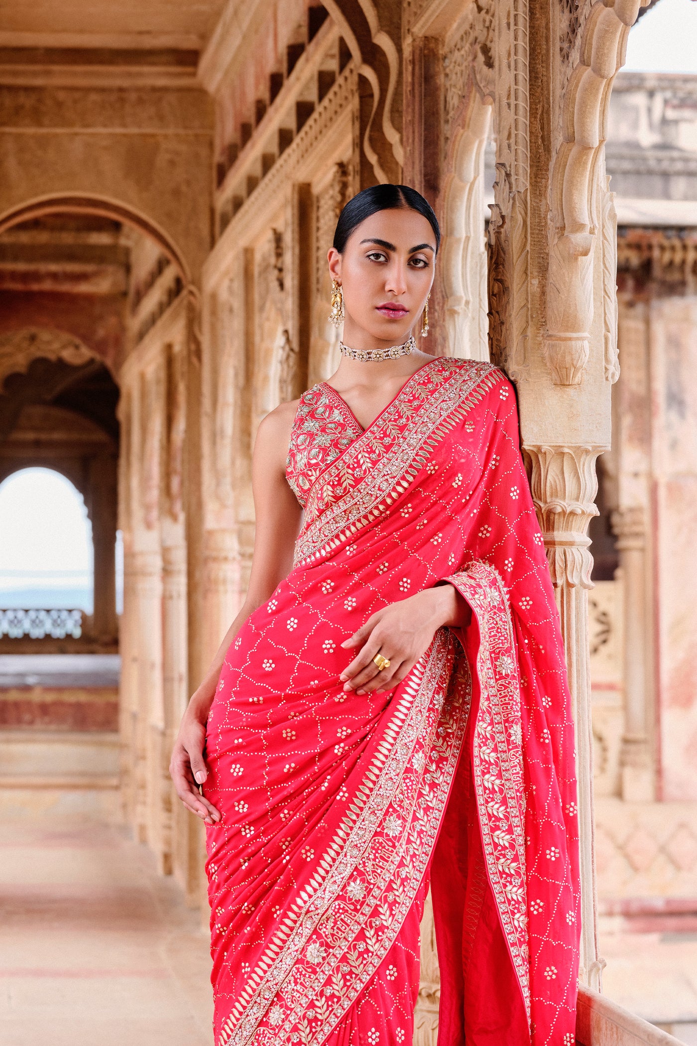 Anita Dongre Anushna Handcrafted Badla Georgette Saree Red indian designer wear online shopping melange singapore