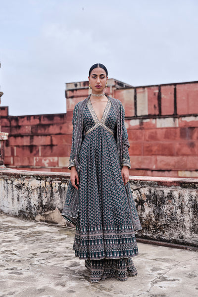 Anita Dongre Arvia Printed Mul Anarkali Set Green indian designer wear online shopping melange singapore

