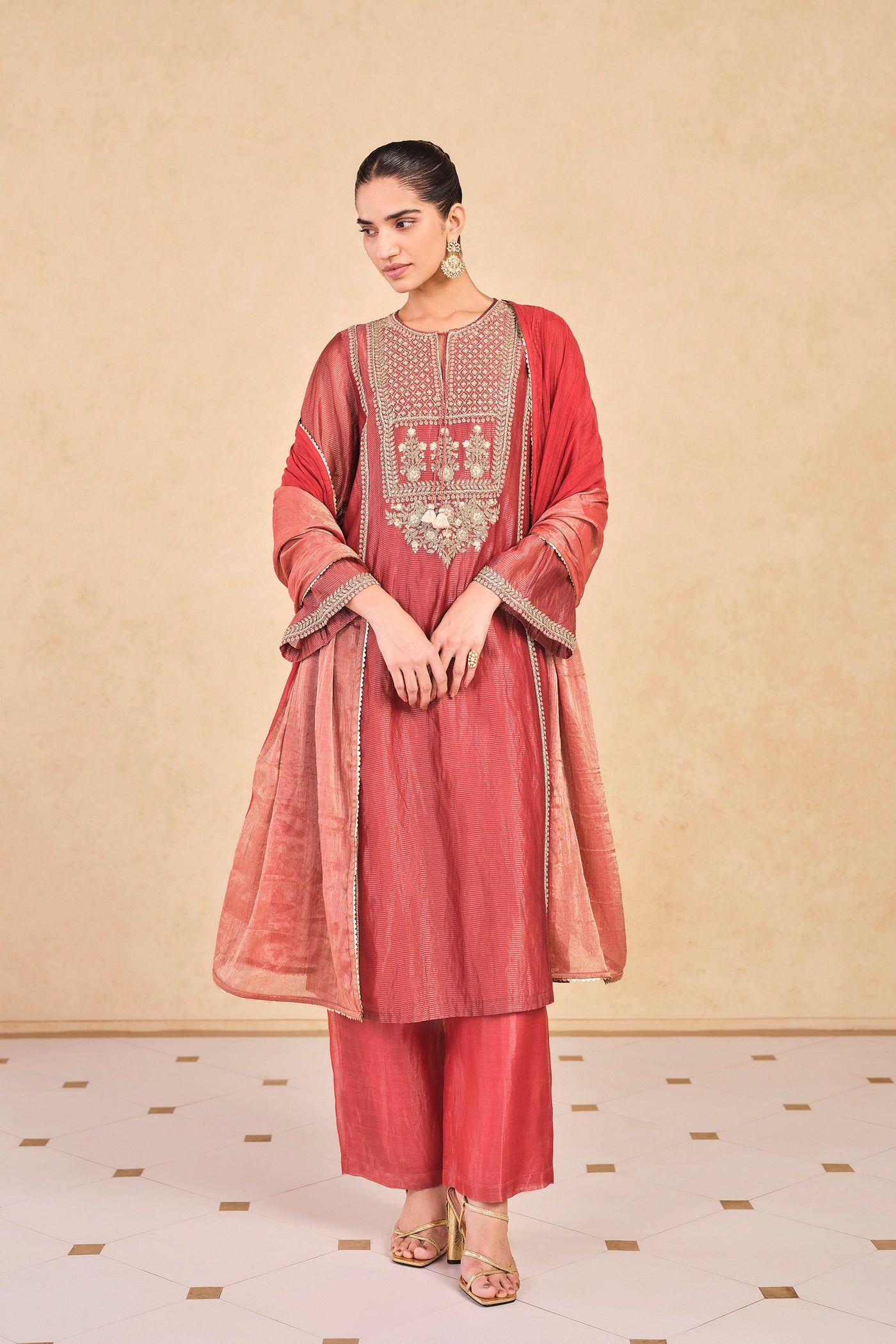 Anita Dongre Avimukta Embroidered Zardozi Mul Suit Set Red
 indian designer wear online shopping melange singapore
