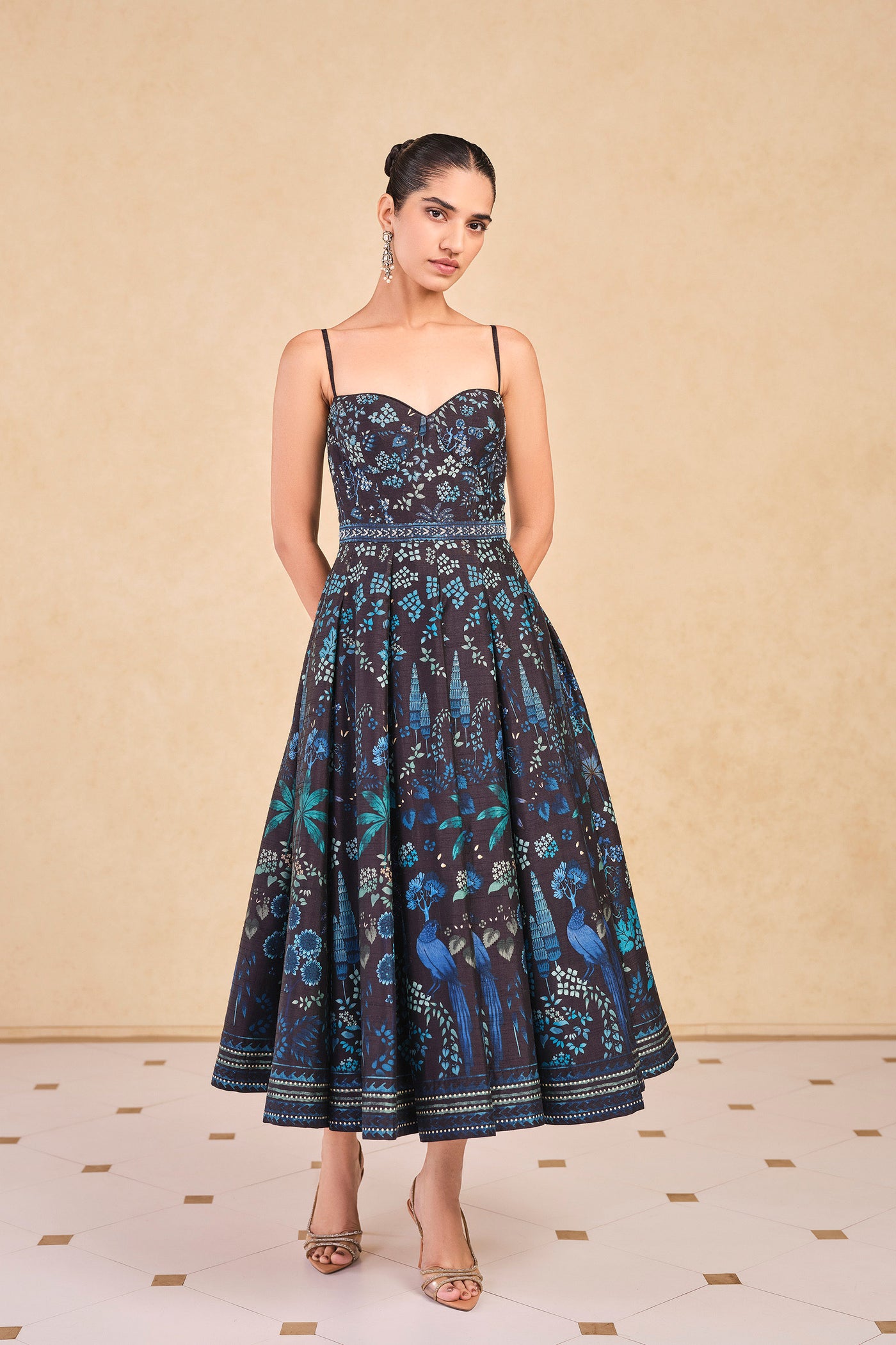 Anita Dongre Avis Printed Silk 50s Dress Black indian designer wear online shopping melange singapore