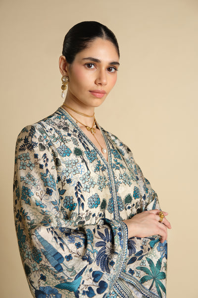 Anita Dongre Avis Printed Silk Jacket Set Beige indian designer wear online shopping melange singapore