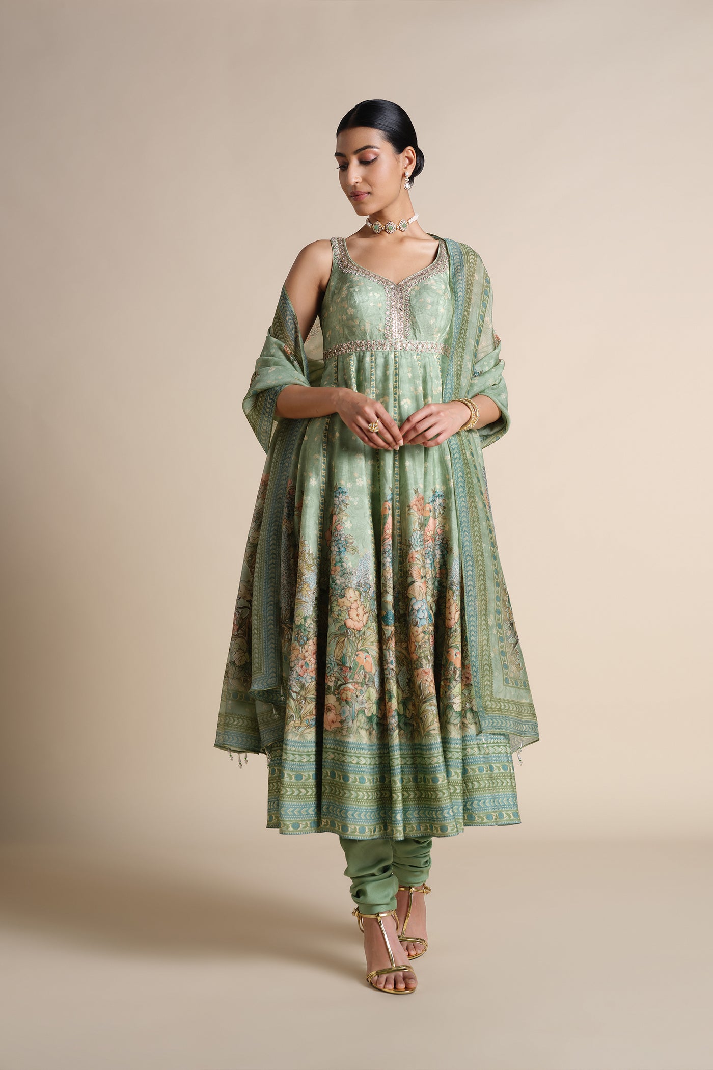 Anita Dongre Avolnea Silk Anarkali Set Sage indian designer wear online shopping melange singapore