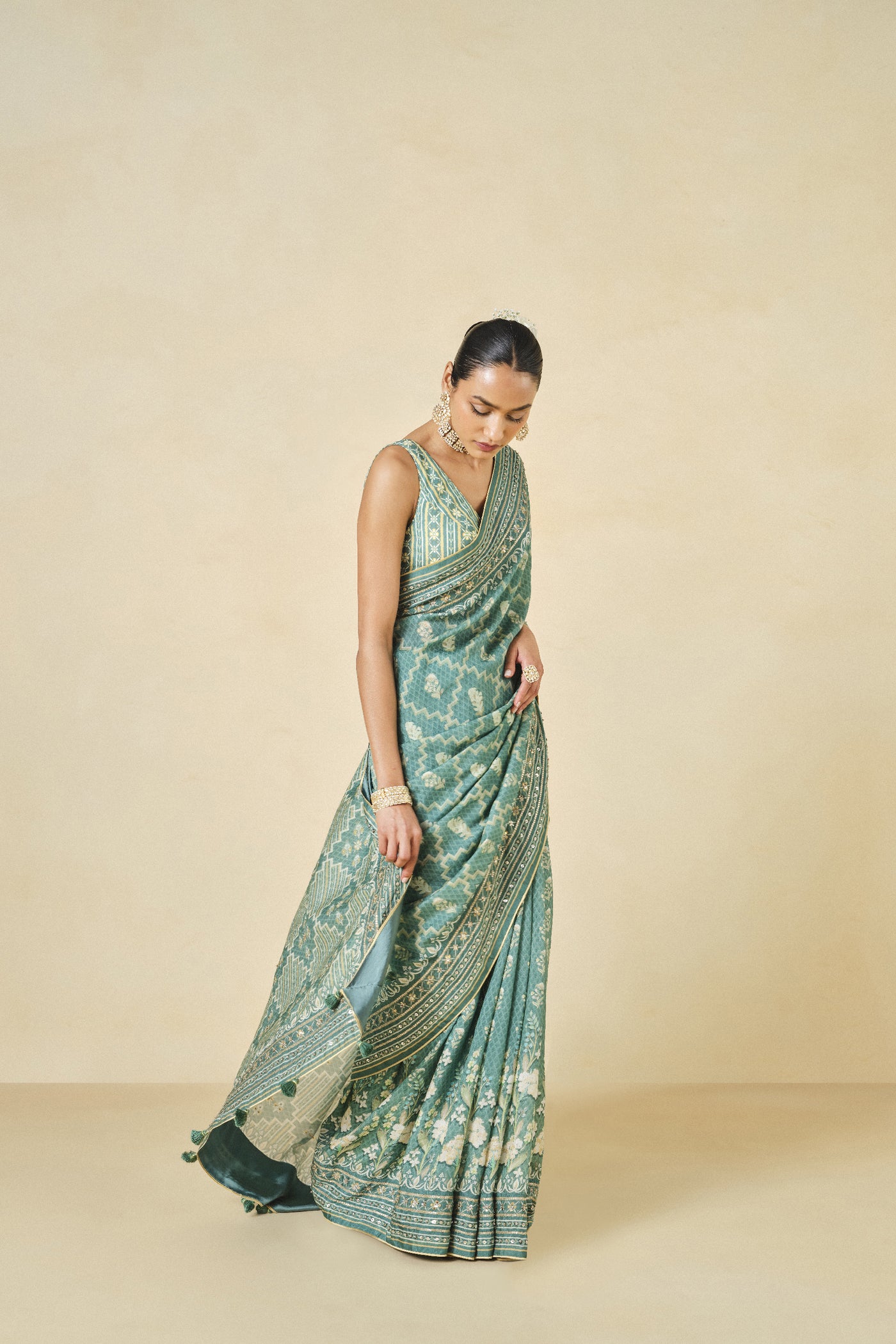 Anita Dongre Avonmora Printed Saree Sage indian designer wear online shopping melange singapore