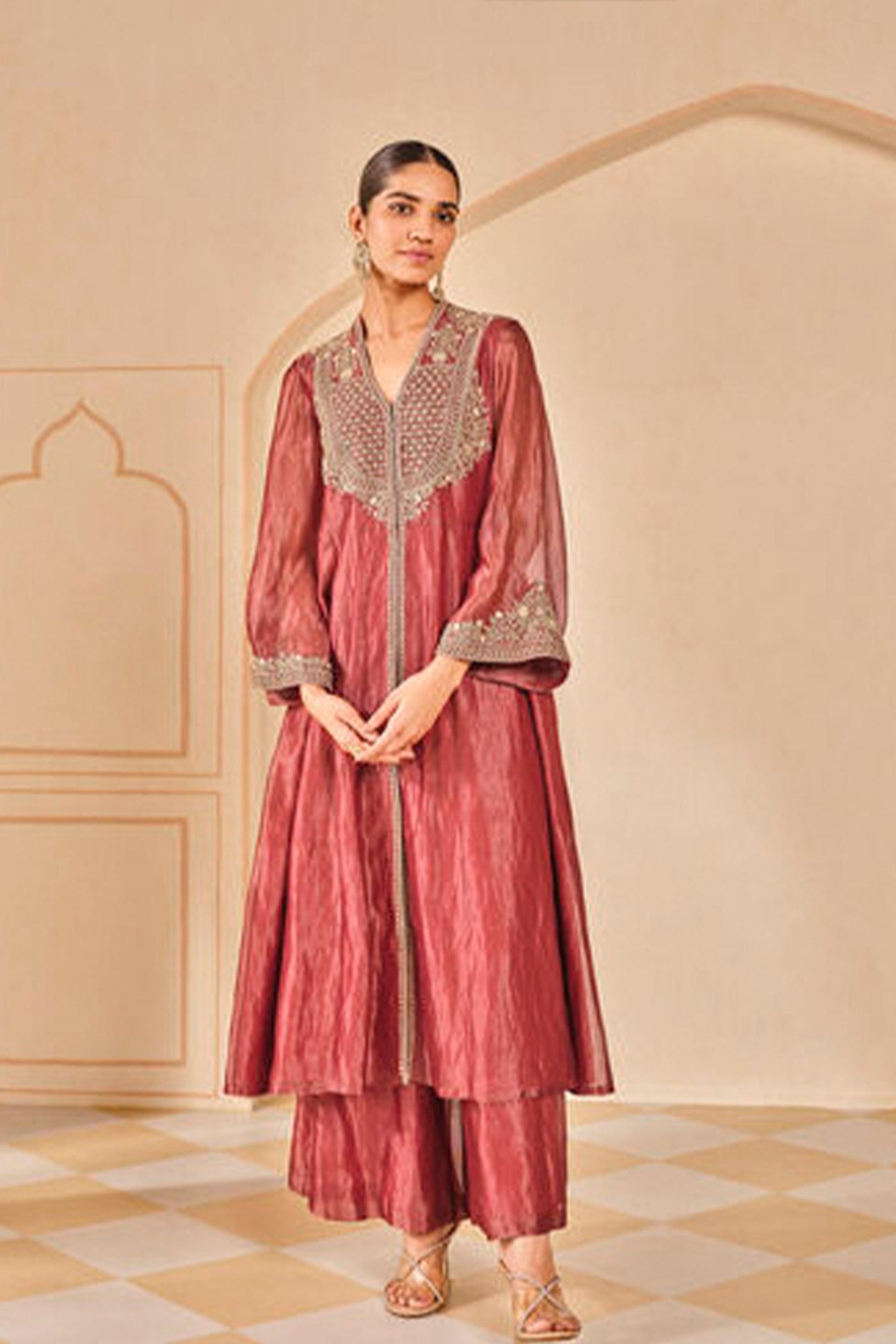 Anita Dongre Azha Embroidered Zardozi Silk Jacket Set Red indian designer wear online shopping melange singapore