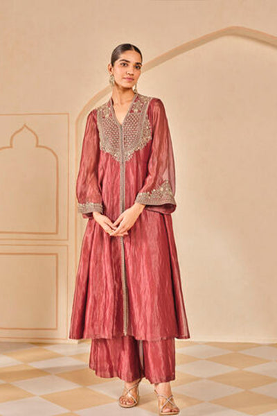Anita Dongre Azha Embroidered Zardozi Silk Jacket Set Red indian designer wear online shopping melange singapore