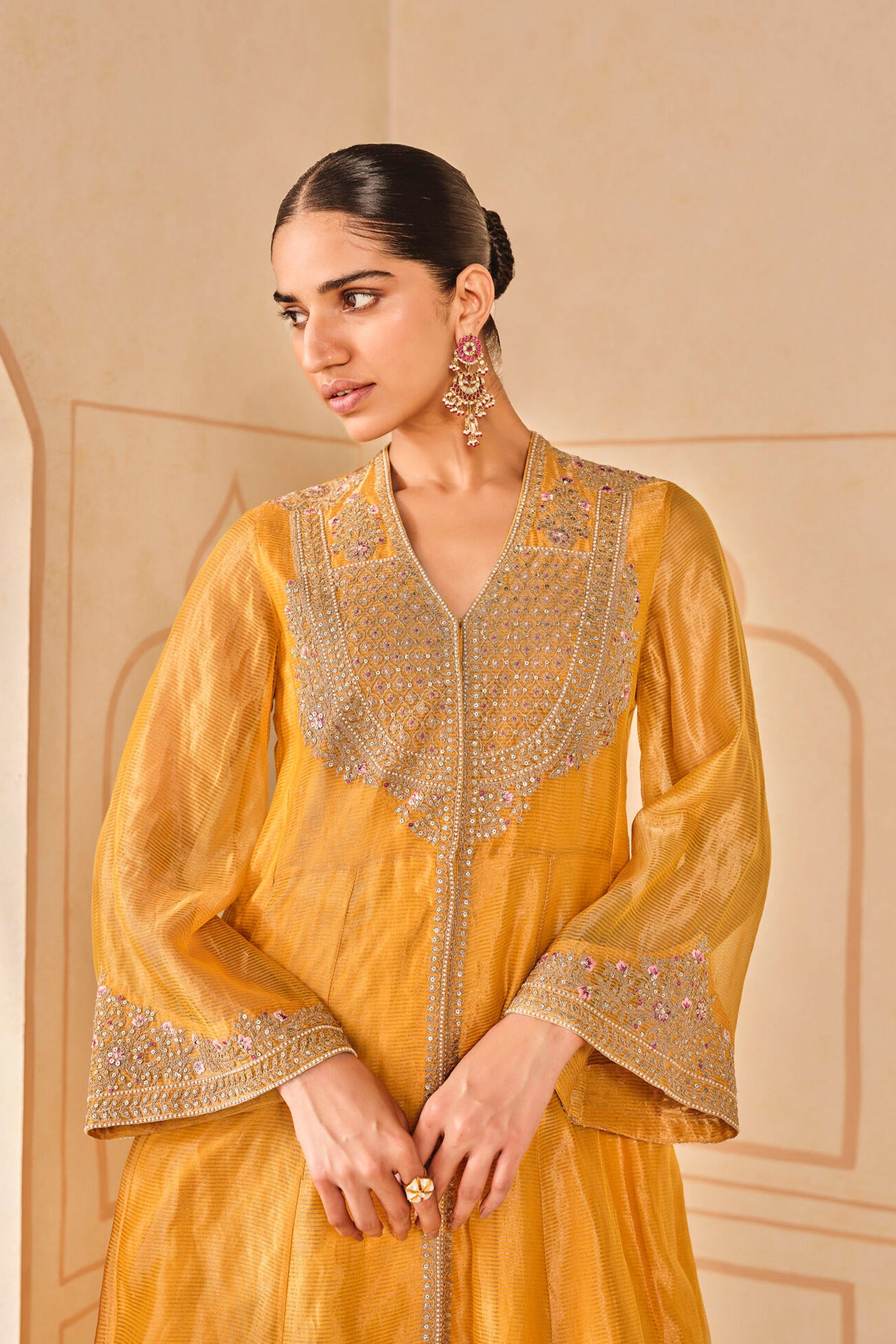 Anita Dongre Azha Embroidered Zardozi Silk Jacket Set Yellow indian designer wear online shopping melange singapore