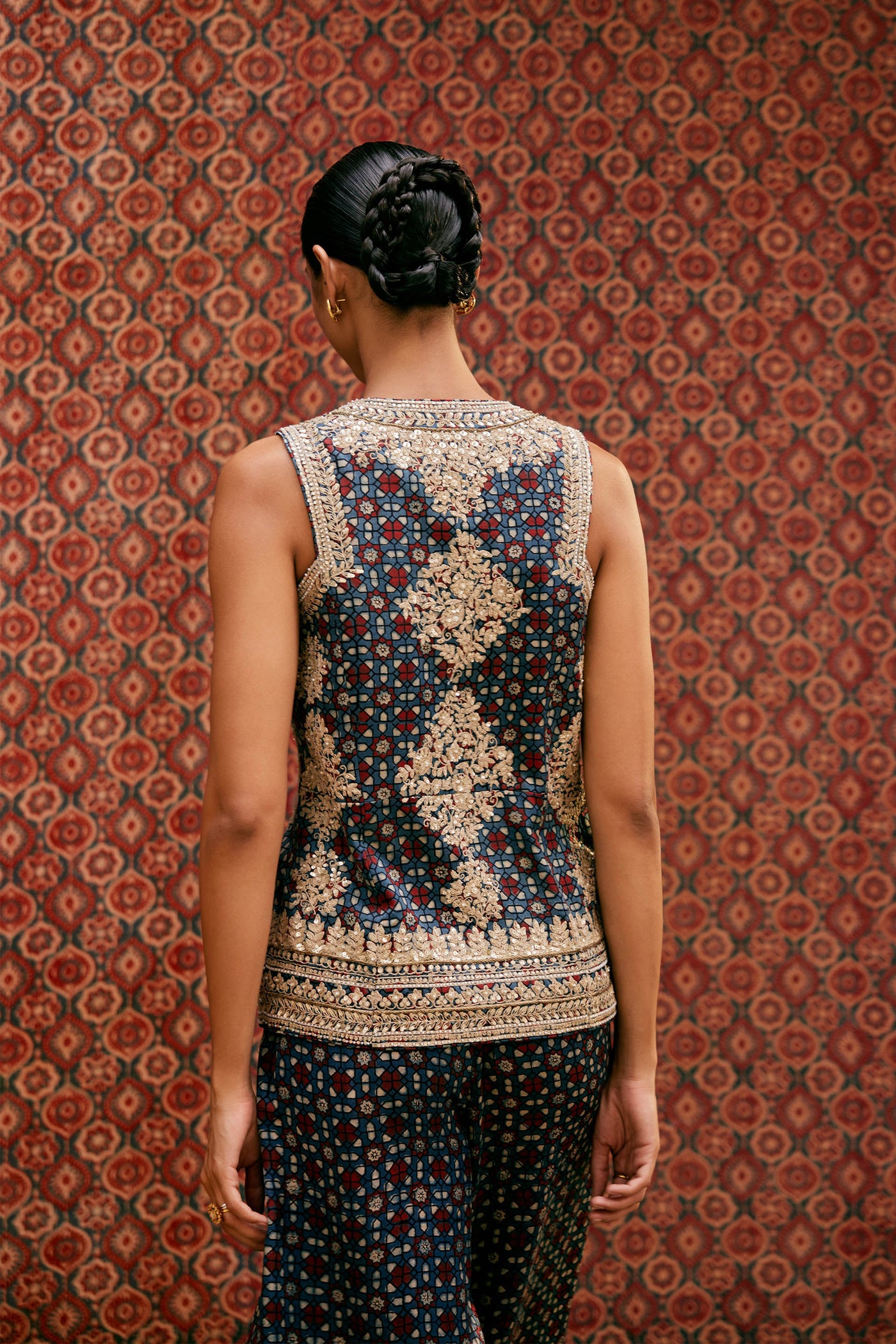 Anita Dongre Bahada Ajrakh Hand-block Printed Silk Palazzo Set Blue indian designer wear online shopping melange singapore