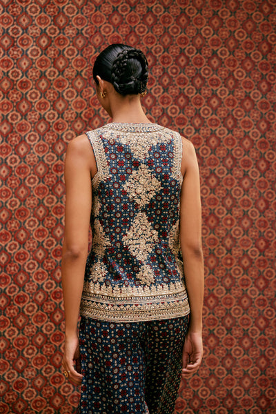 Anita Dongre Bahada Ajrakh Hand-block Printed Silk Palazzo Set Blue indian designer wear online shopping melange singapore