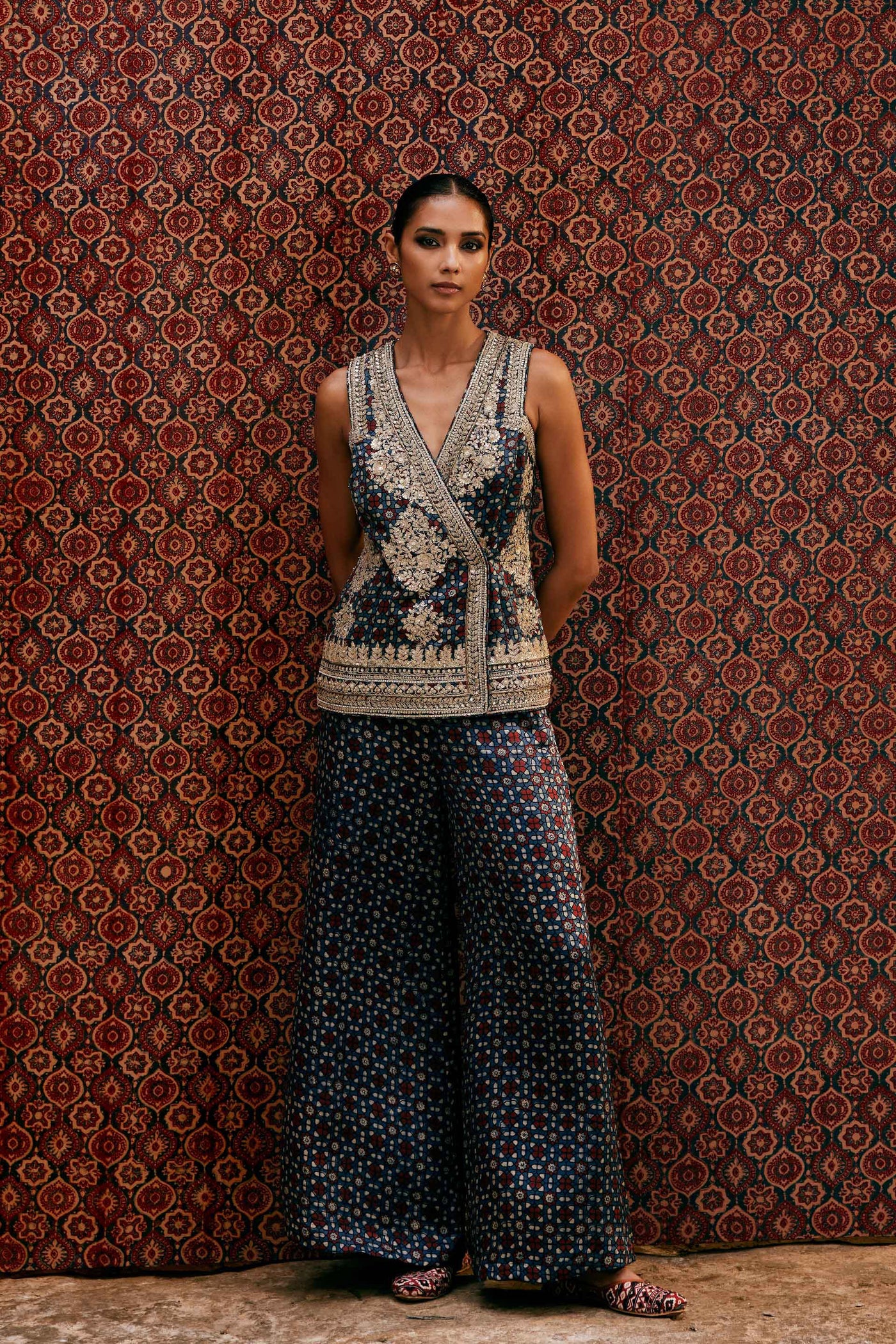 Anita Dongre Bahada Ajrakh Hand-block Printed Silk Palazzo Set Blue indian designer wear online shopping melange singapore