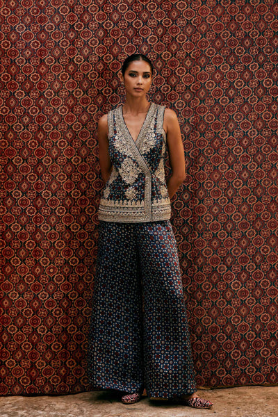 Anita Dongre Bahada Ajrakh Hand-block Printed Silk Palazzo Set Blue indian designer wear online shopping melange singapore