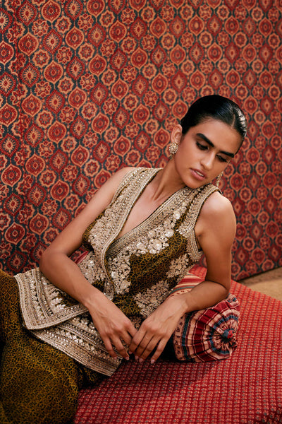 Anita Dongre Bahada Ajrakh Hand-block Printed Silk Palazzo Set Olive indian designer wear online shopping melange singapore