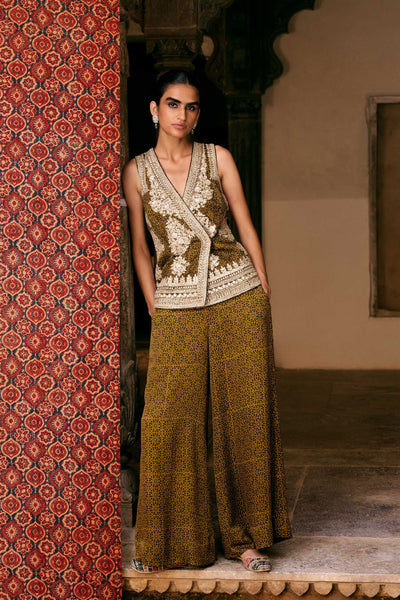 Anita Dongre Bahada Ajrakh Hand-block Printed Silk Palazzo Set Olive indian designer wear online shopping melange singapore
