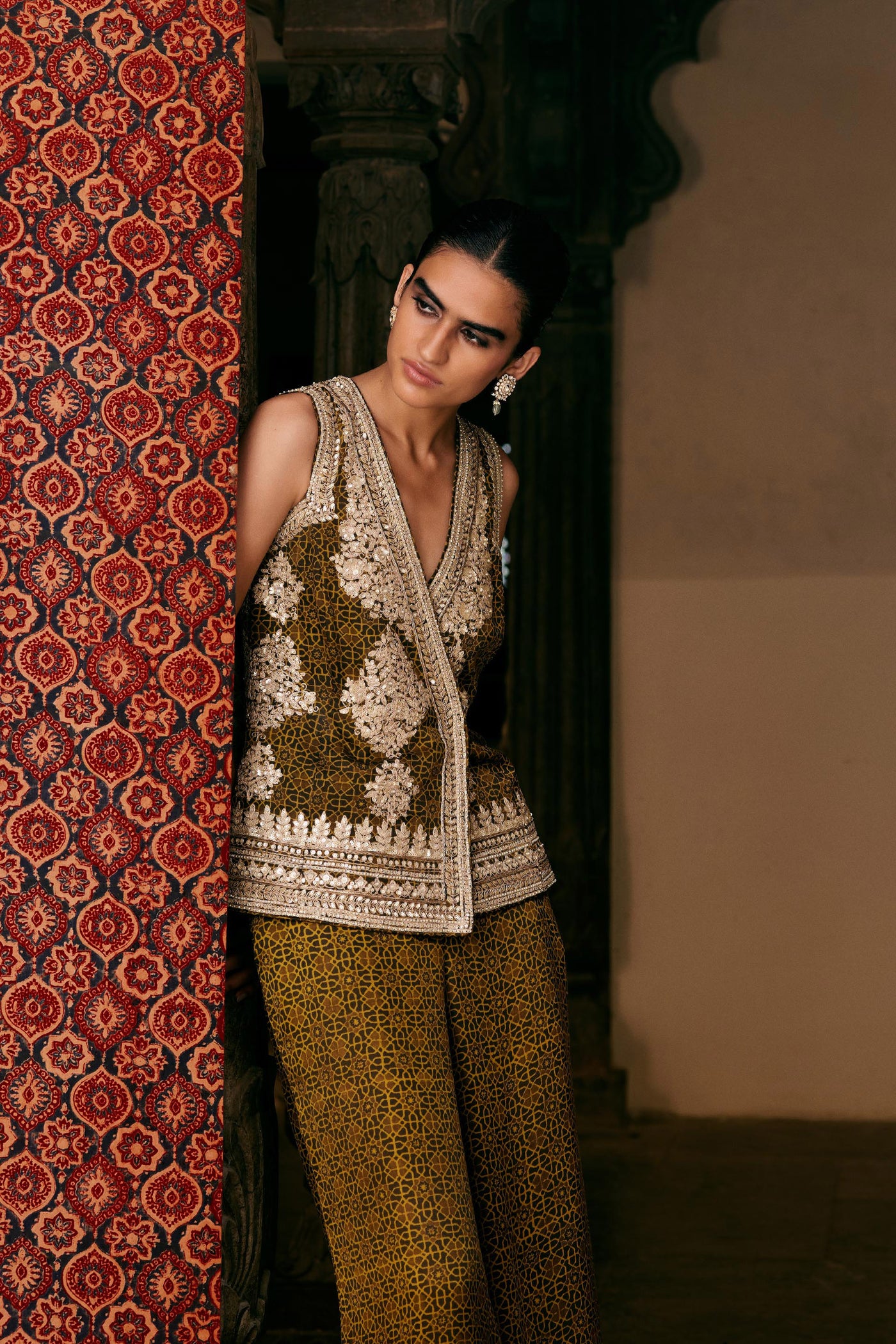 Anita Dongre Bahada Ajrakh Hand-block Printed Silk Palazzo Set Olive indian designer wear online shopping melange singapore