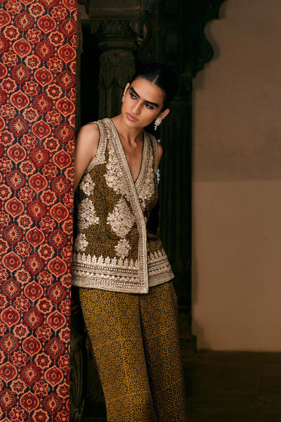 Anita Dongre Bahada Ajrakh Hand-block Printed Silk Palazzo Set Olive indian designer wear online shopping melange singapore