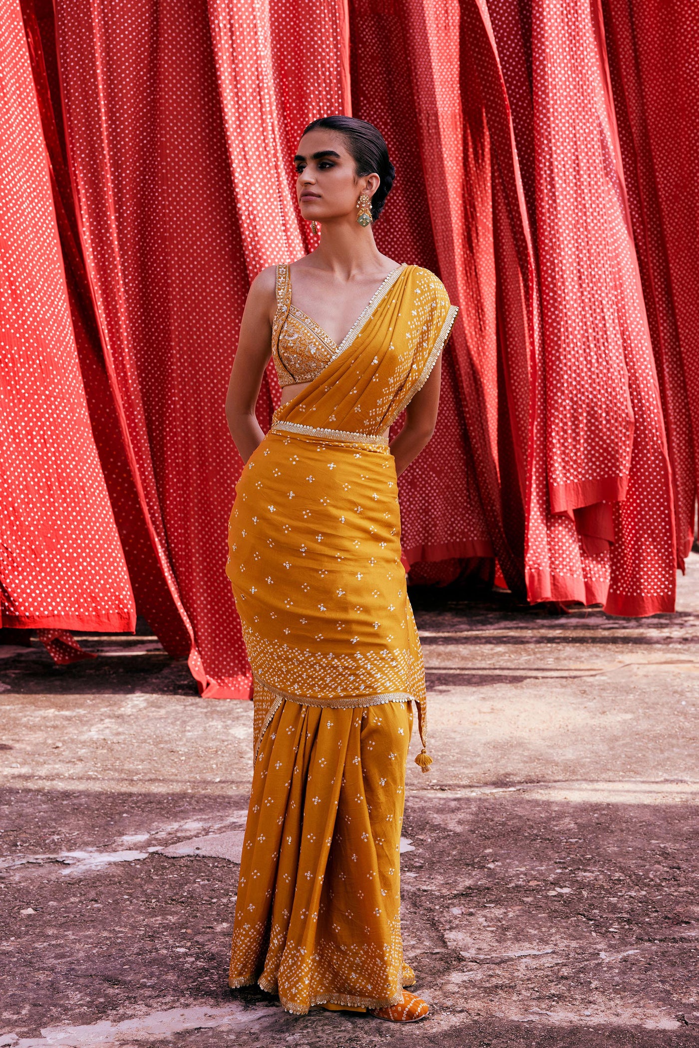 Anita Dongre Bahi Handcrafted Bandhani Silk Saree Mustard indian designer wear online shopping melange singapore
