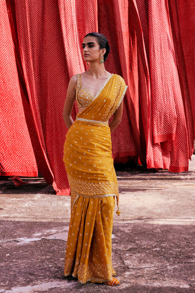 Anita Dongre Bahi Handcrafted Bandhani Silk Saree Mustard indian designer wear online shopping melange singapore