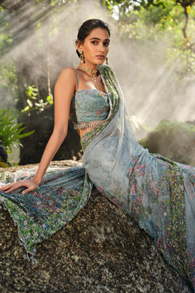 Anita Dongre Blooming Meadows Embroidered Saree Powder Blue indian designer wear online shopping melange singapore