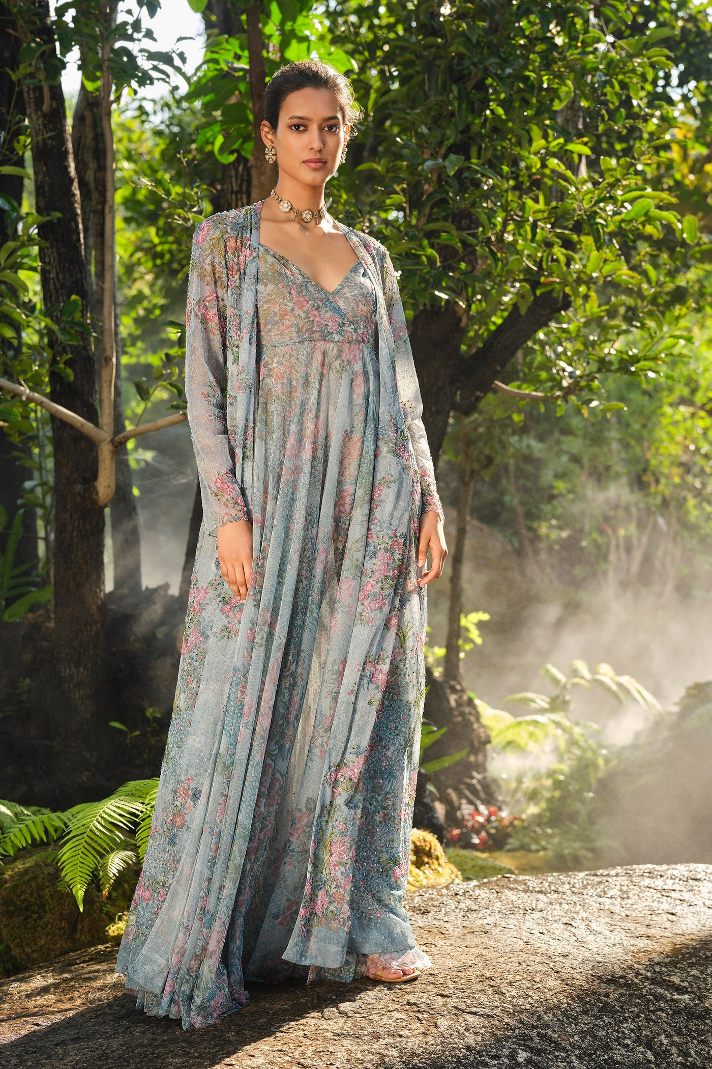 Anita Dongre Blooming Meadows Jacket Set Blue indian designer wear online shopping melange singapore