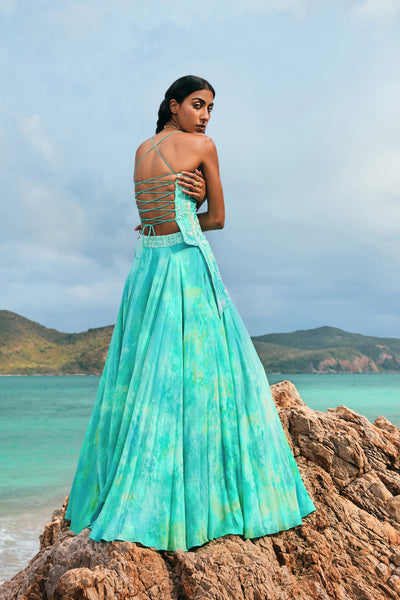 Anita Dongre Cadenza Asymmetrical Skirt Set Aqua indian designer wear online shopping melange singapore