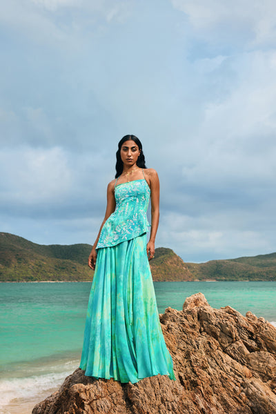 Anita Dongre Cadenza Asymmetrical Skirt Set Aqua indian designer wear online shopping melange singapore