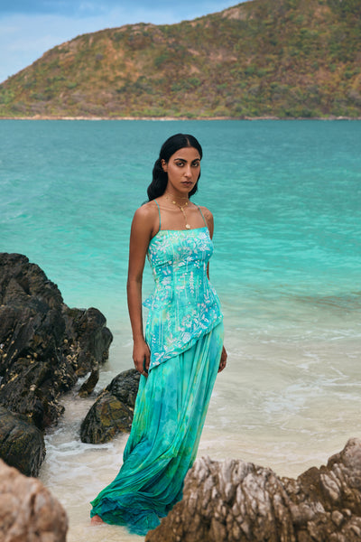 Anita Dongre Cadenza Asymmetrical Skirt Set Aqua indian designer wear online shopping melange singapore