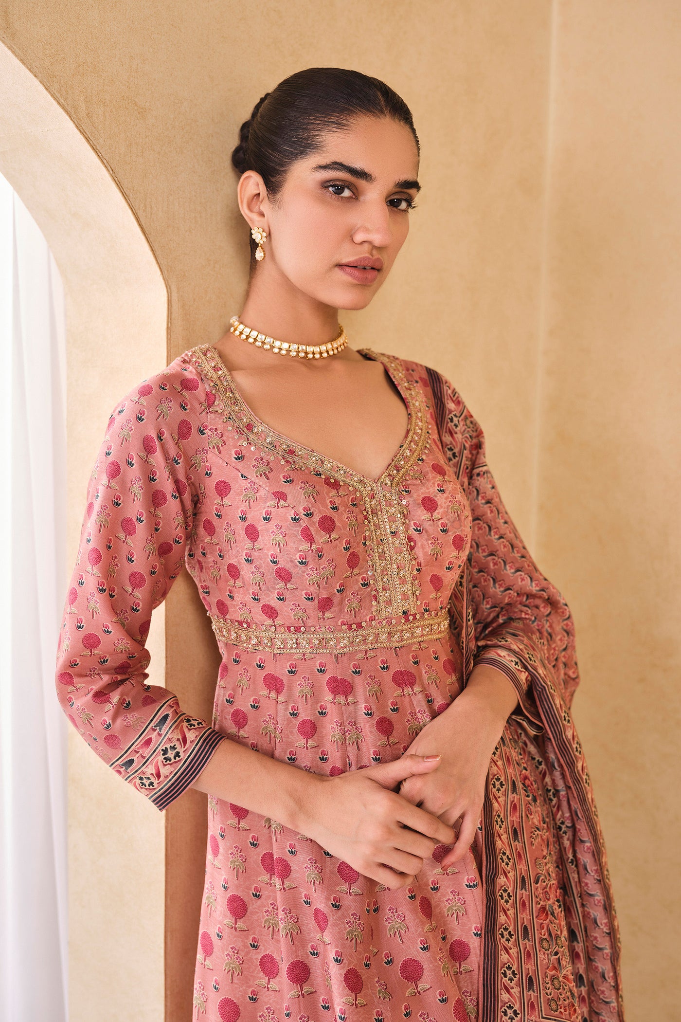 Anita Dongre Celosia Printed Silk Anarkali Suit Set Pink indian designer wear online shopping melange singapore