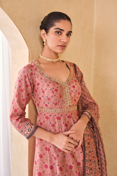 Anita Dongre Celosia Printed Silk Anarkali Suit Set Pink indian designer wear online shopping melange singapore