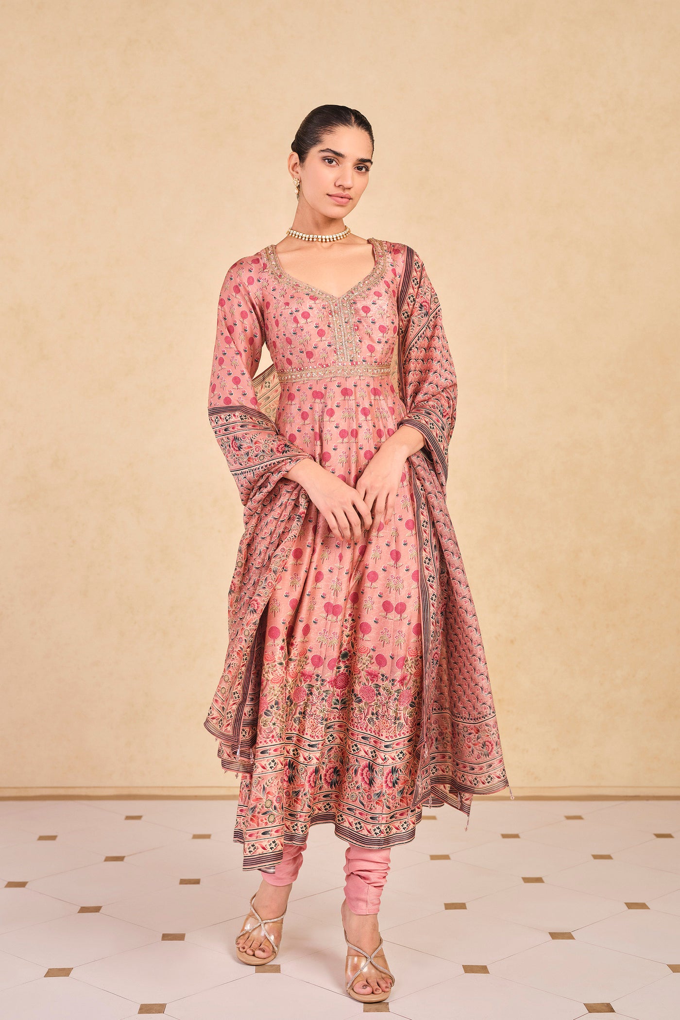 Anita Dongre Celosia Printed Silk Anarkali Suit Set Pink indian designer wear online shopping melange singapore
