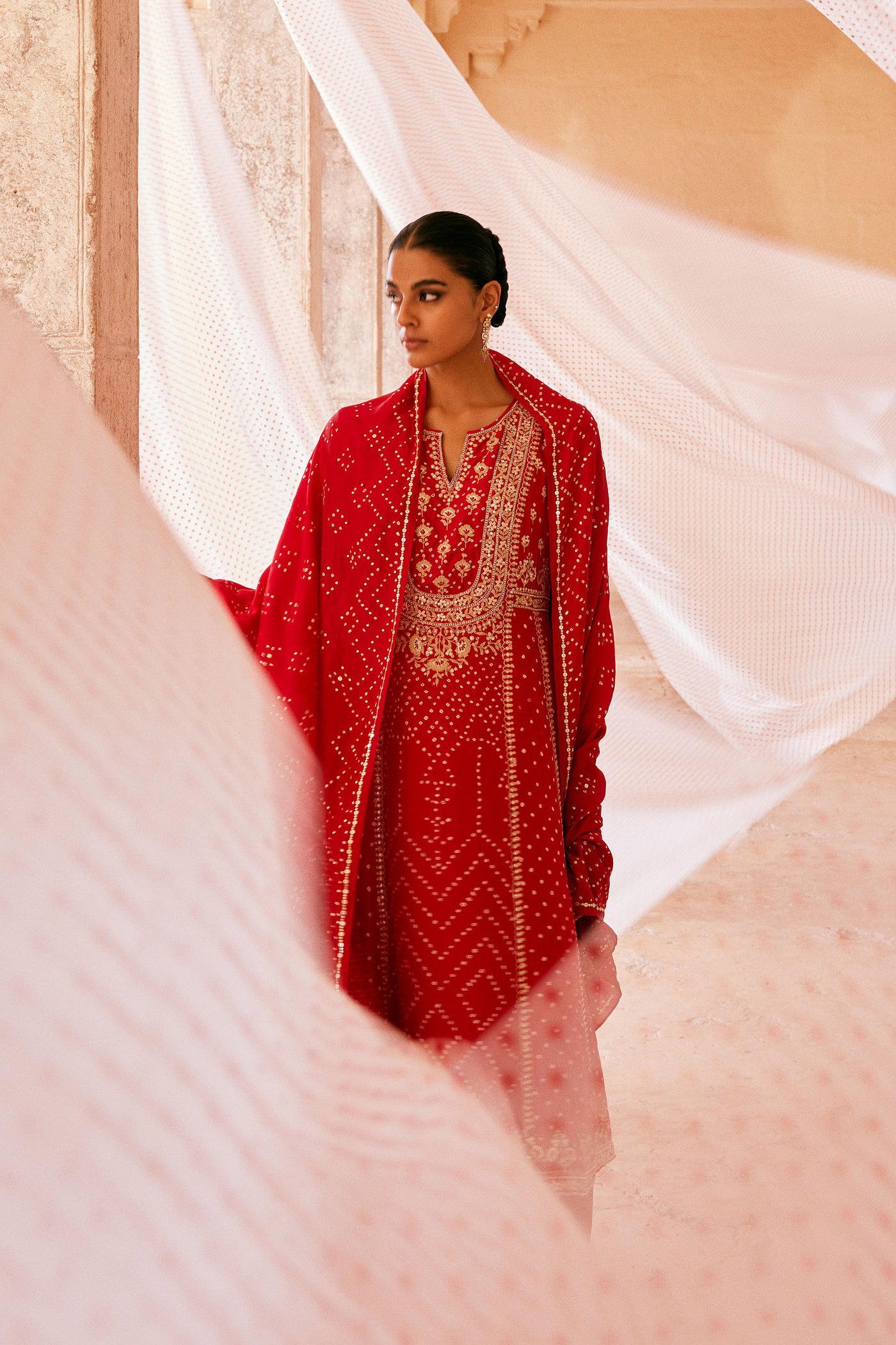 Anita Dongre Cinnabar Handcrafted Bandhani Silk Suit Set Red indian designer wear online shopping melange singapore