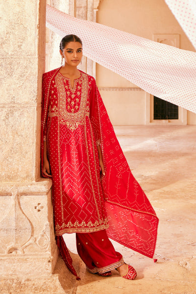 Anita Dongre Cinnabar Handcrafted Bandhani Silk Suit Set Red indian designer wear online shopping melange singapore