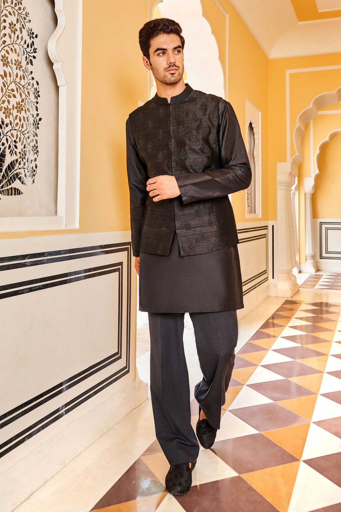 Anita Dongre menswear Ehan Nehru Jacket Black indian designer wear online shopping melange singapore