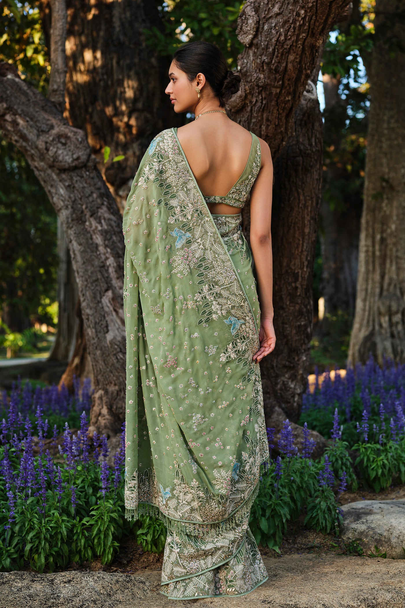 Anita Dongre Elodea Embroidered Georgette Saree Sage indian designer wear online shopping melange singapore