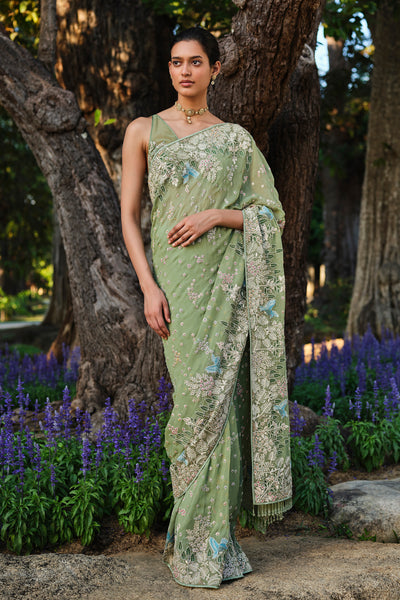 Anita Dongre Elodea Embroidered Georgette Saree Sage indian designer wear online shopping melange singapore