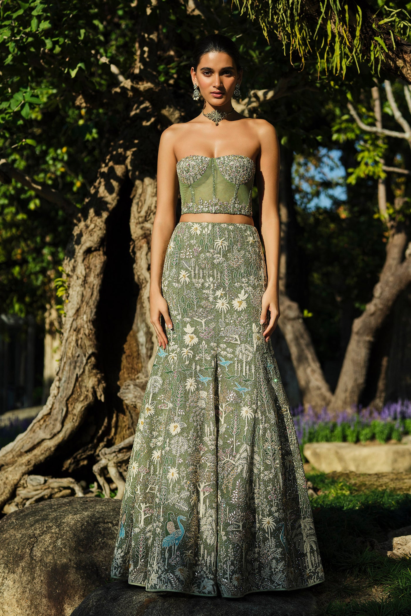 Anita Dongre Elodea Embroidered Silk Skirt Set Sage indian designer wear online shopping melange singapore
