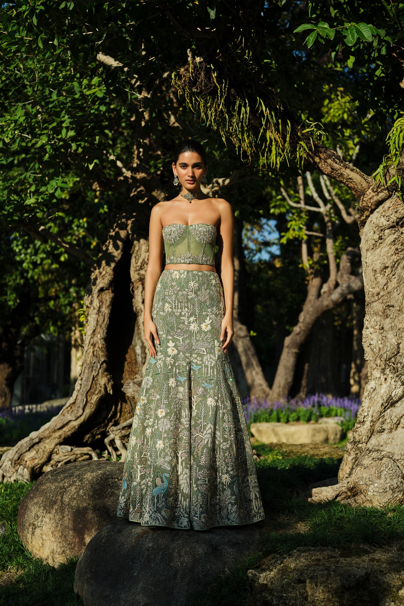 Anita Dongre Elodea Embroidered Silk Skirt Set Sage indian designer wear online shopping melange singapore