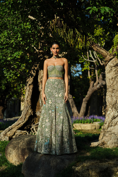 Anita Dongre Elodea Embroidered Silk Skirt Set Sage indian designer wear online shopping melange singapore