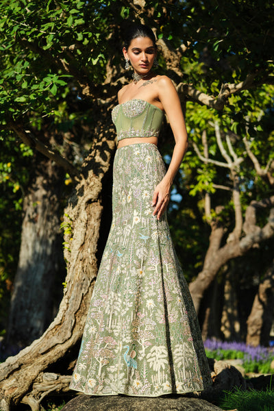 Anita Dongre Elodea Embroidered Silk Skirt Set Sage indian designer wear online shopping melange singapore