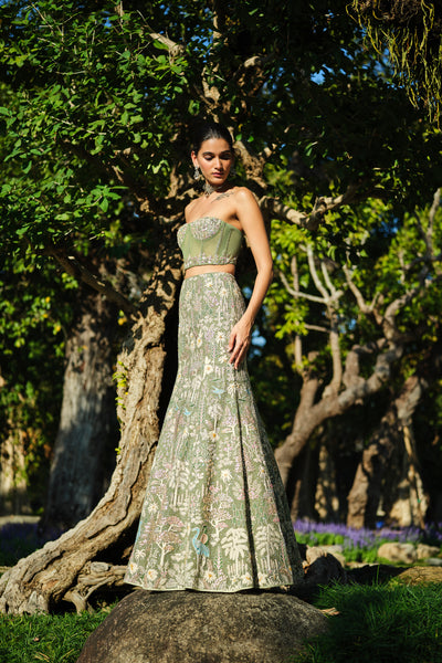 Anita Dongre Elodea Embroidered Silk Skirt Set Sage indian designer wear online shopping melange singapore