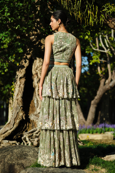 Anita Dongre Elodea Embroidered Tiered Skirt Set Sage indian designer wear online shopping melange singapore