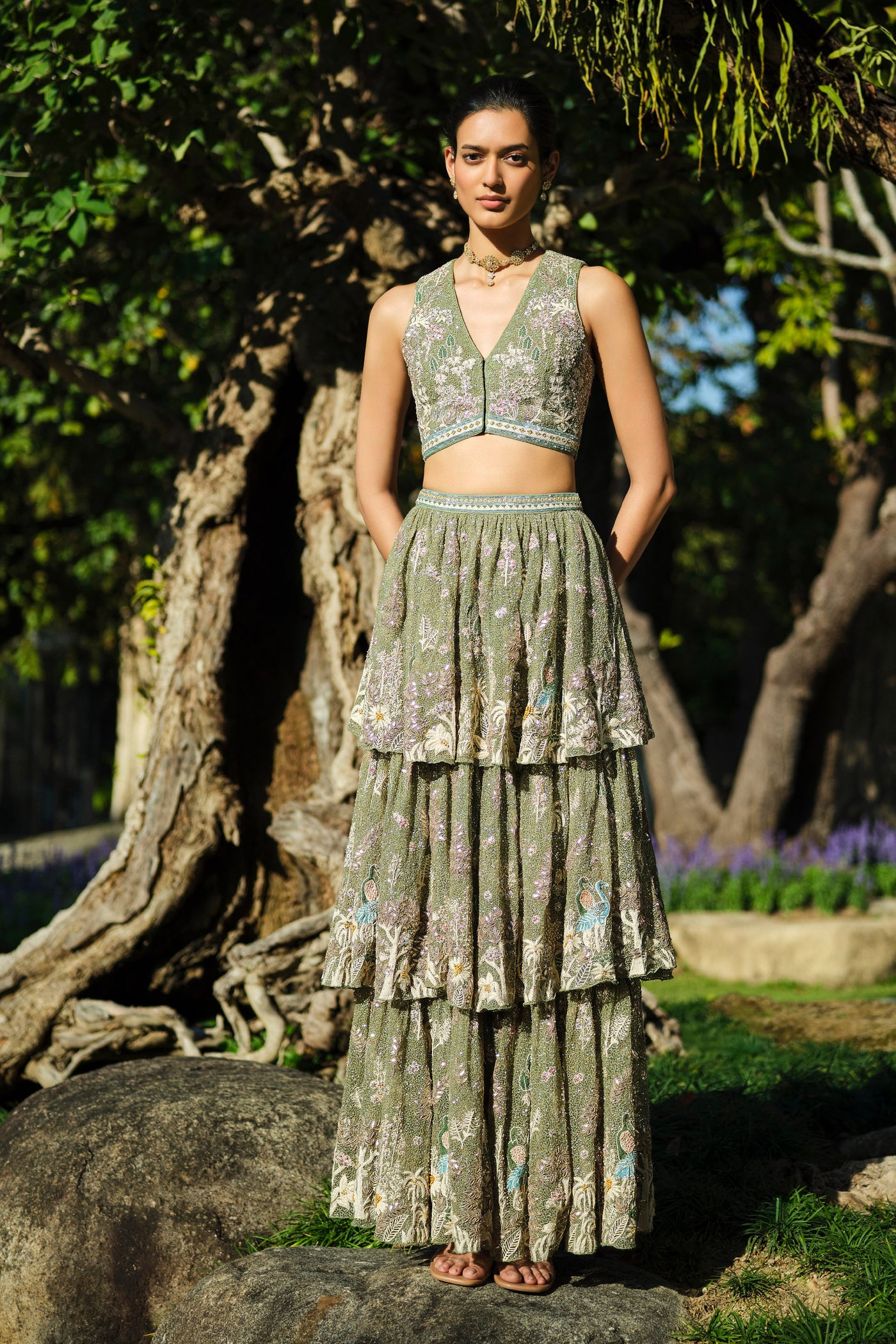 Anita Dongre Elodea Embroidered Tiered Skirt Set Sage indian designer wear online shopping melange singapore