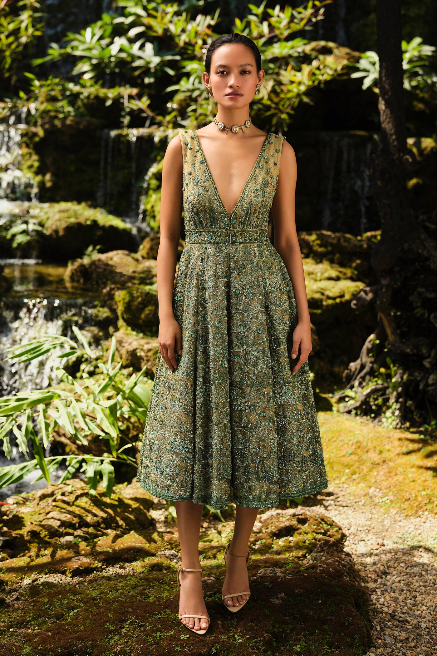 Anita Dongre Grassland Embroidered Dress Green indian designer wear online shopping melange singapore
