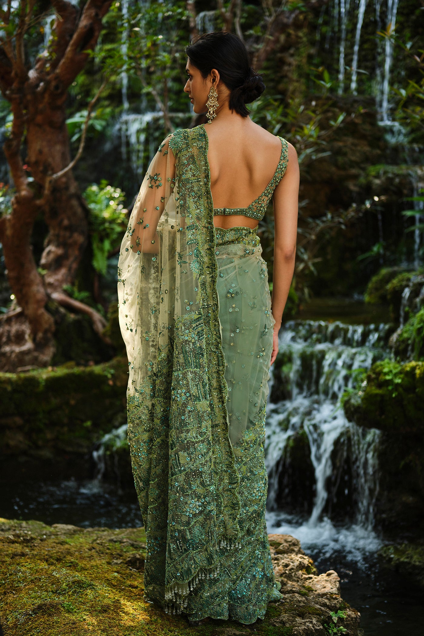 Anita Dongre Grassland Embroidered Saree Green indian designer wear online shopping melange singapore
