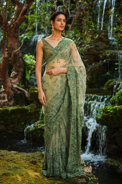 Anita Dongre Grassland Embroidered Saree Green indian designer wear online shopping melange singapore
