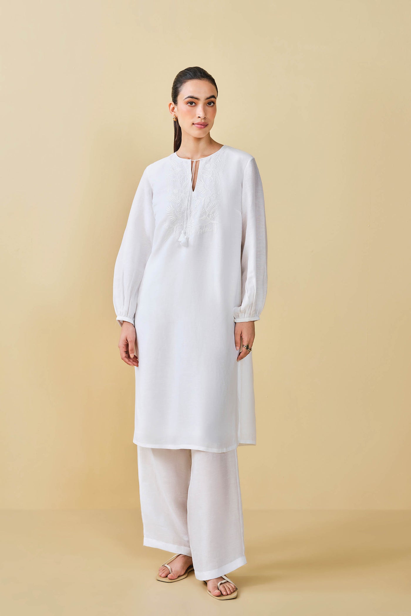 Anita Dongre Grassroot Cloud Sky Hand-embroidered Chikankari Linen Co-ord White indian designer wear online shopping melange singapore