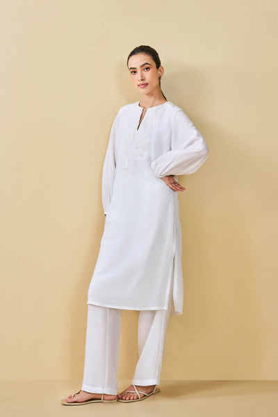 Anita Dongre Grassroot Cloud Sky Hand-embroidered Chikankari Linen Co-ord White indian designer wear online shopping melange singapore