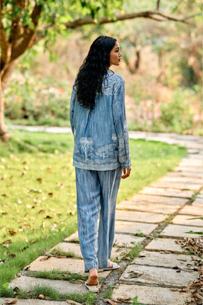 Anita Dongre Grassroot Creek Hand-embroidered Chikankari Linen Coord Blue indian designer wear online shopping melange singapore
