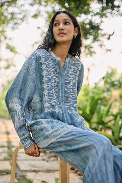 Anita Dongre Grassroot Creek Hand-embroidered Chikankari Linen Coord Blue indian designer wear online shopping melange singapore
