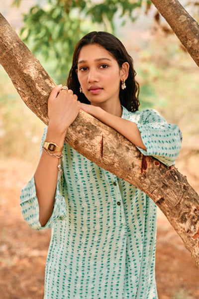 Anita Dongre Grassroot Grove Hand-block Printed Linen Co-ord Sage indian designer wear online shopping melange singapore