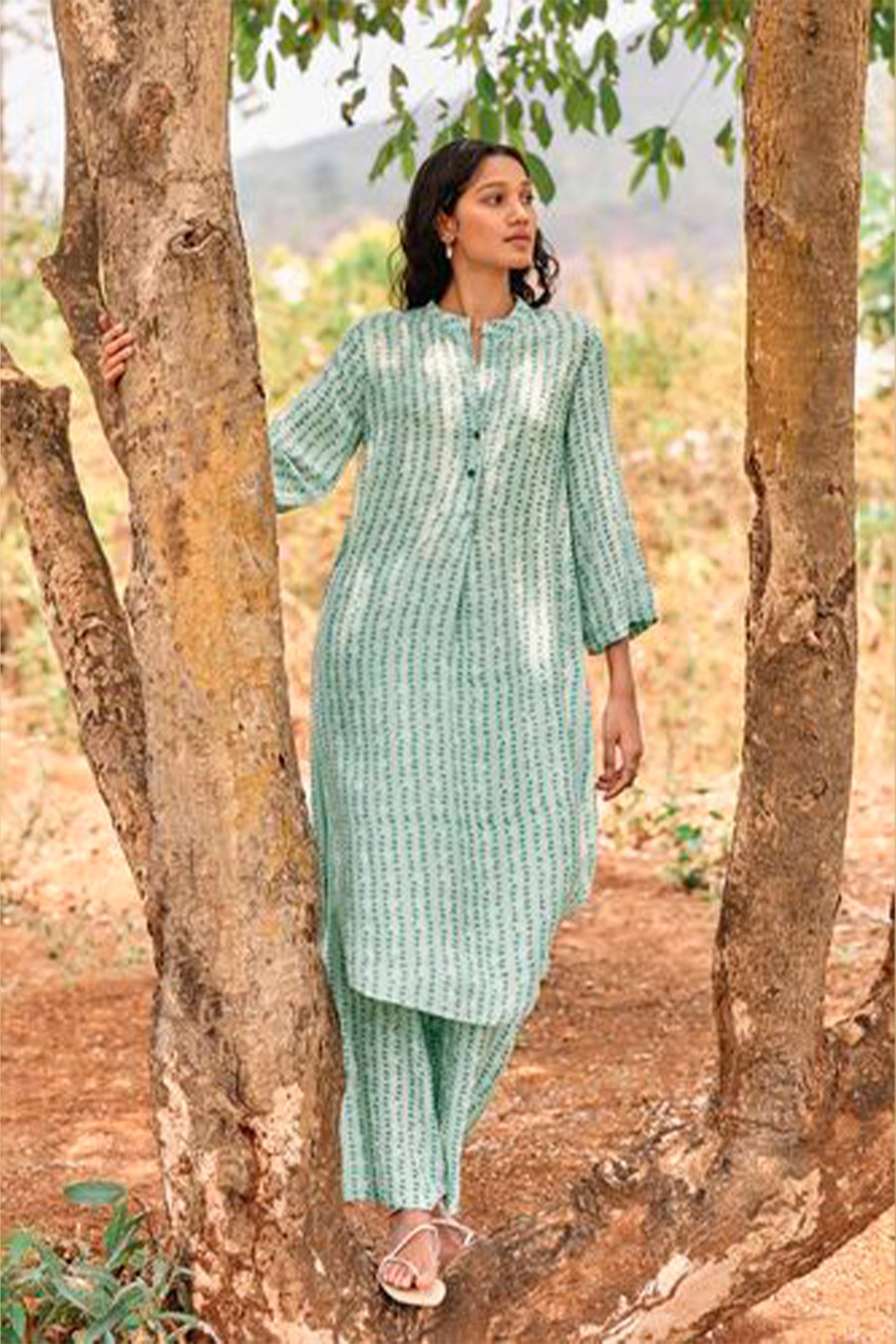 Anita Dongre Grassroot Grove Hand-block Printed Linen Co-ord Sage indian designer wear online shopping melange singapore