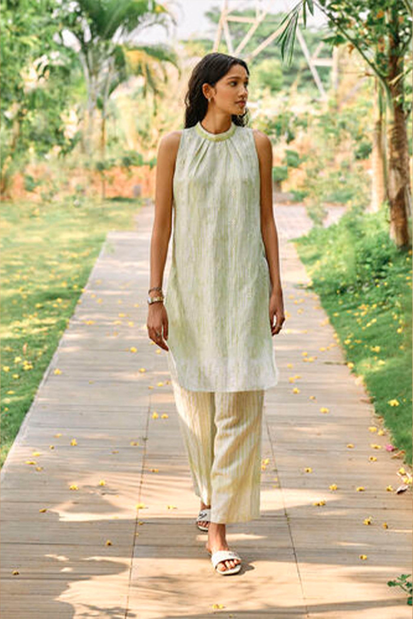 Anita Dongre Grassroot Sojourn Hand-embroidered Chikankari Linen Coord Lime indian designer wear online shopping melange singapore